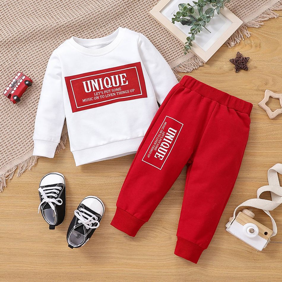100% Cotton 2pcs Baby Boy/Girl Long-sleeve Letter Print Sweatshirt and Sweatpants Set Red/White
