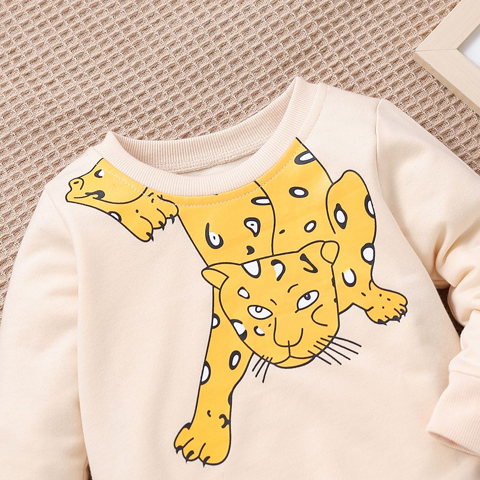 100% Cotton 2pcs Baby Boy Cartoon Tiger Print Long-sleeve Sweatshirt and Pants Set Almond Beige big image 3