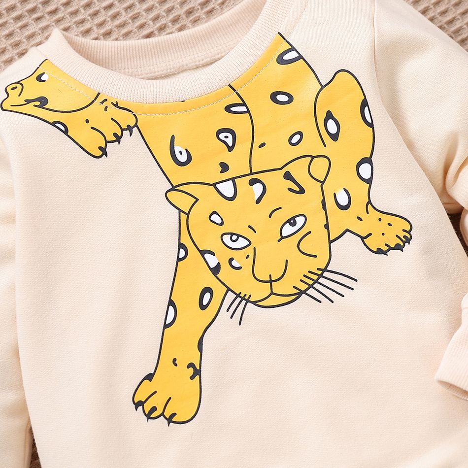 100% Cotton 2pcs Baby Boy Cartoon Tiger Print Long-sleeve Sweatshirt and Pants Set Almond Beige big image 4