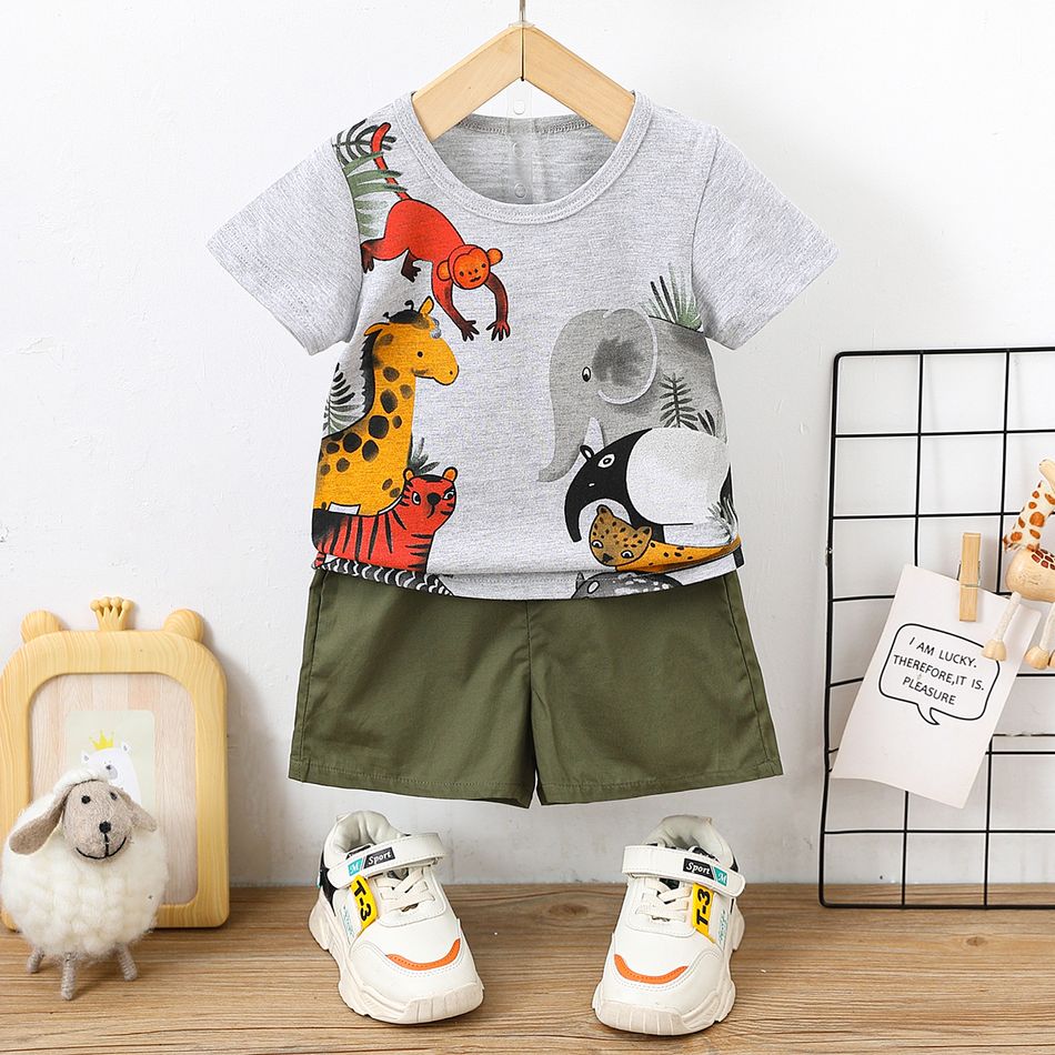 2pcs Baby Boy 100% Cotton Solid Shorts and Allover Animal Print Short-sleeve T-shirt Set Lightgrey