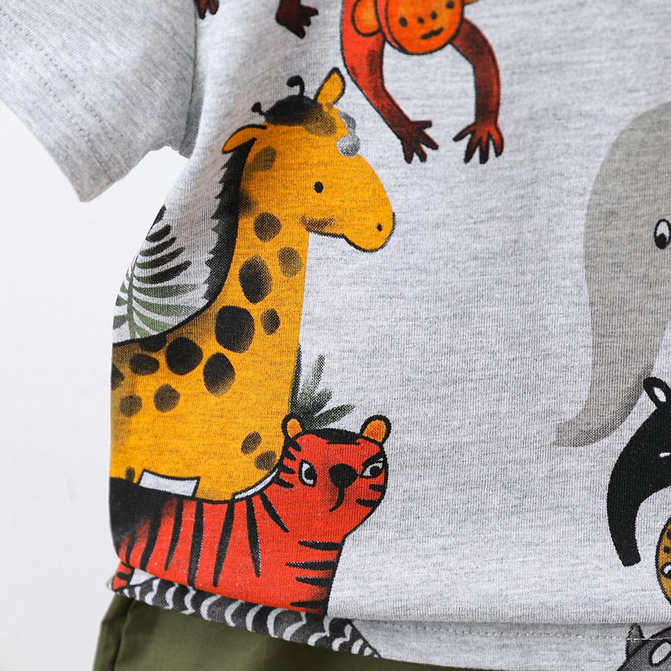 2pcs Baby Boy 100% Cotton Solid Shorts and Allover Animal Print Short-sleeve T-shirt Set Lightgrey big image 3