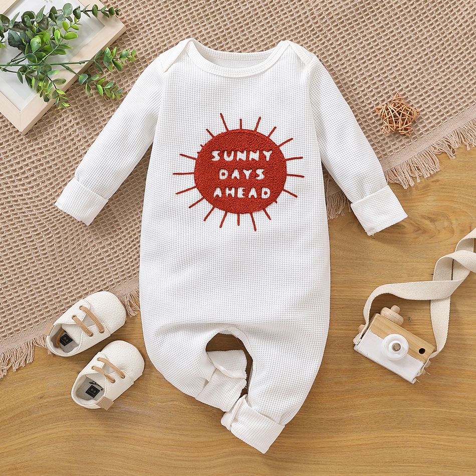 Baby Boy/Girl Letter Embroidered Waffle Long-sleeve Jumpsuit White