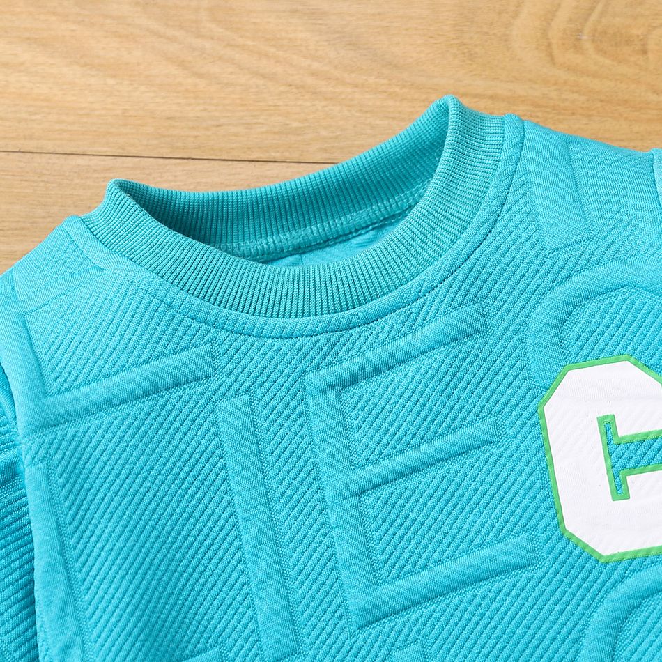 2pcs Toddler Boy Trendy Faux-two Letter Textured Sweatshirt and Elasticized Pants Set cyan big image 3