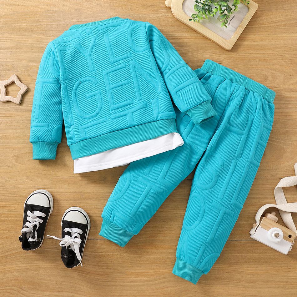 2pcs Toddler Boy Trendy Faux-two Letter Textured Sweatshirt and Elasticized Pants Set cyan big image 2