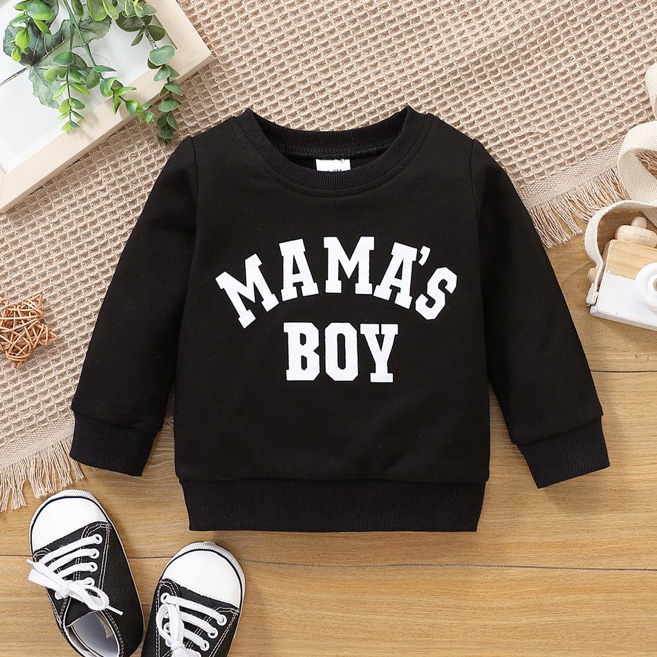 100% Cotton Baby Boy/Girl Letter Print Long-sleeve Pullover Sweatshirt Black