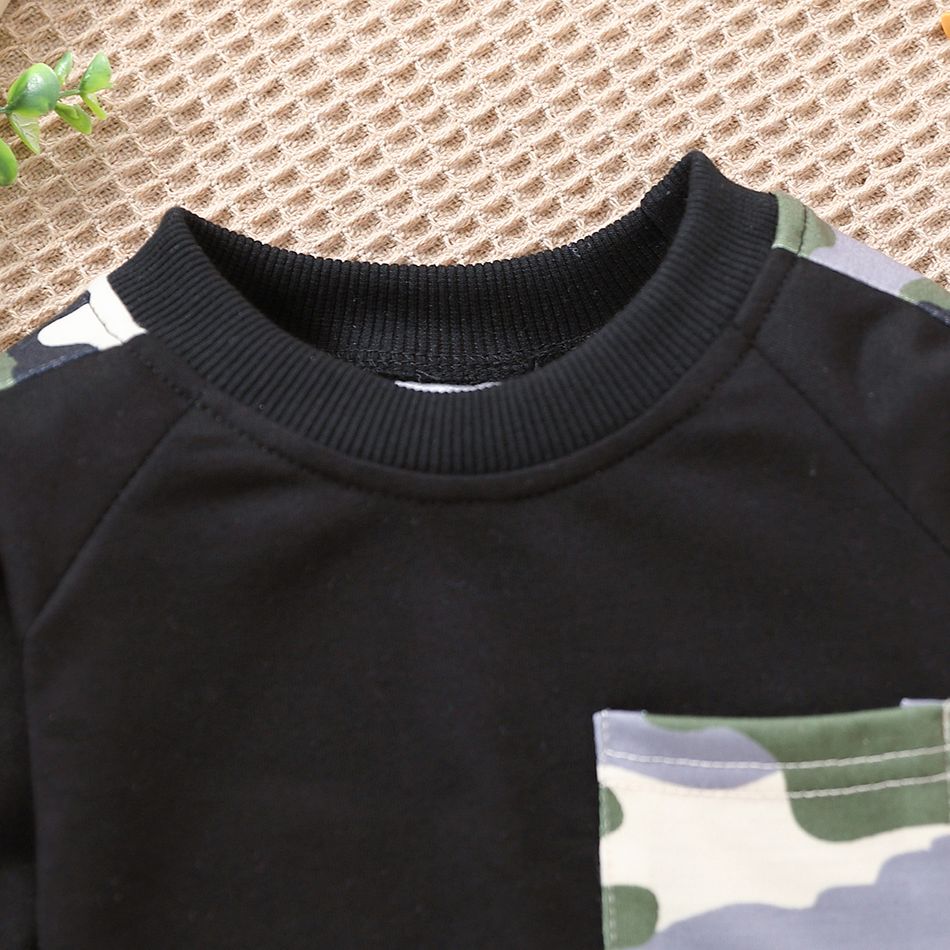 100% Cotton Baby Boy Camouflage Spliced Long-sleeve Pullover Sweatshirt Black big image 4
