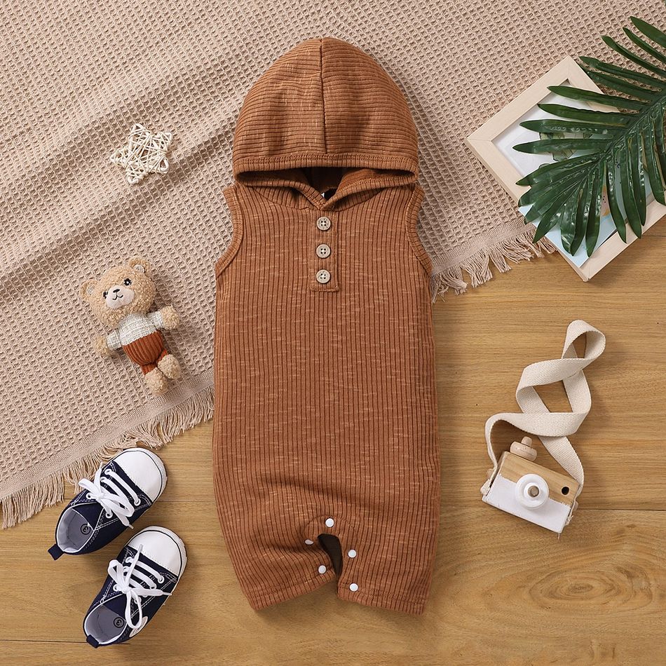 Baby Boy/Girl Button Front Solid Rib Knit Hooded Tank Romper Brown