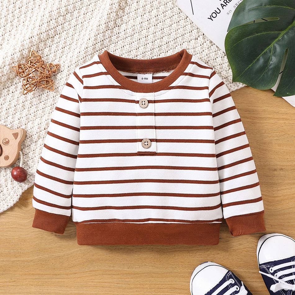 2-Pack Baby Boy/Girl 100% Cotton Solid and Striped Long-sleeve Pullover Sweatshirts Set MultiColour big image 2