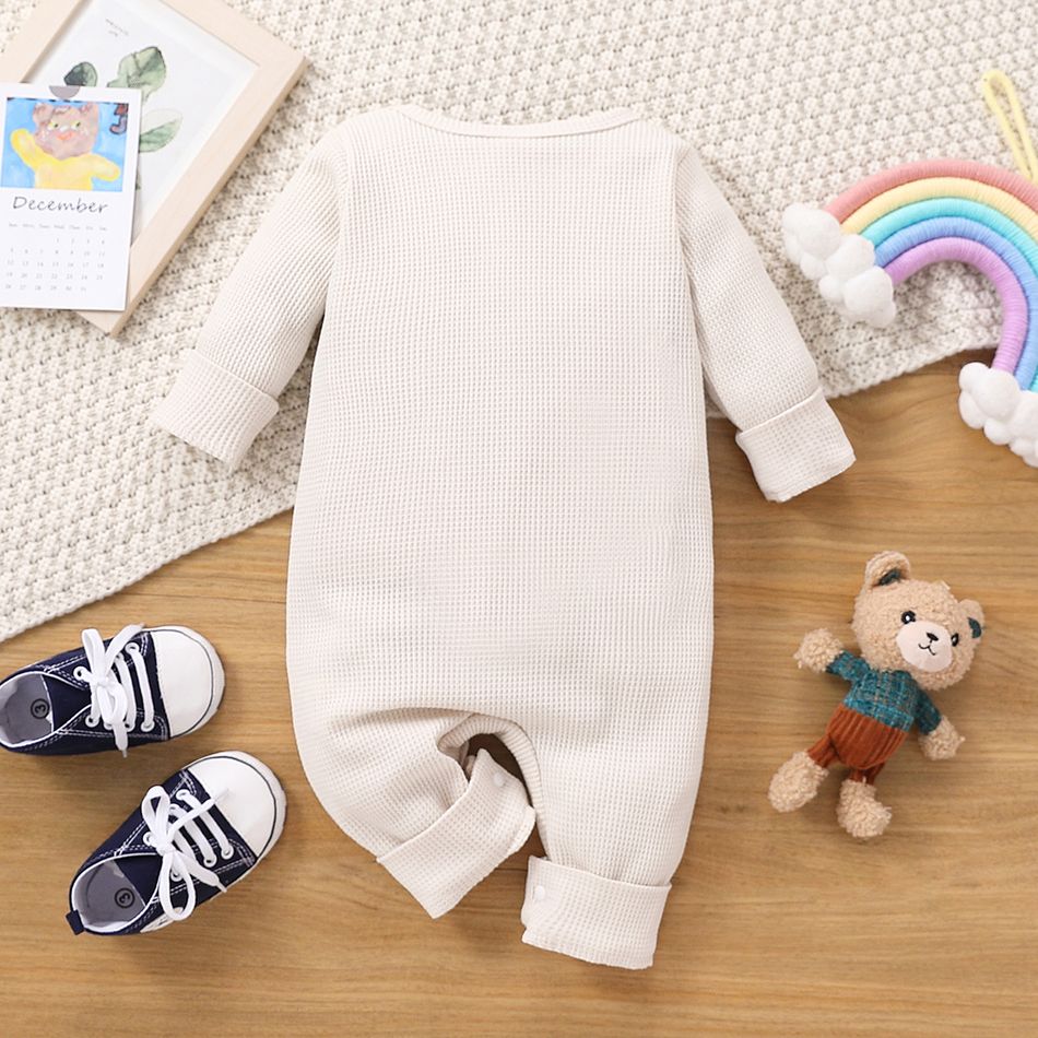 Baby Boy Rainbow Embroidered Long-sleeve Waffle Jumpsuit Beige