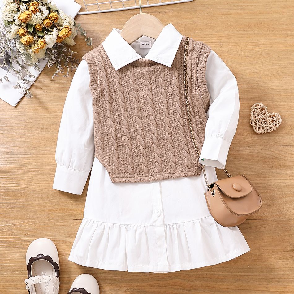 2pcs Toddler Girl Elegant Lapel Collar White Shirt Dress and Cable Knit Vest Set Multi-color