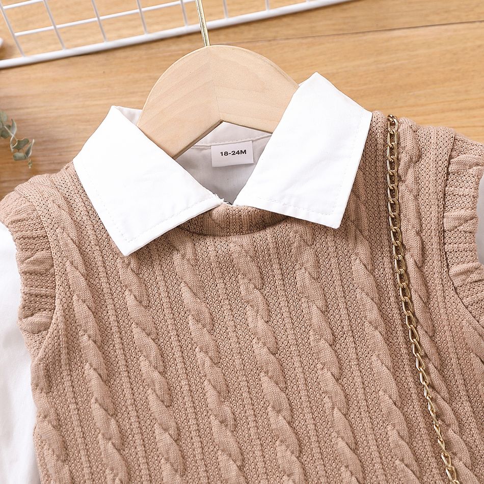 2pcs Toddler Girl Elegant Lapel Collar White Shirt Dress and Cable Knit Vest Set Multi-color big image 2