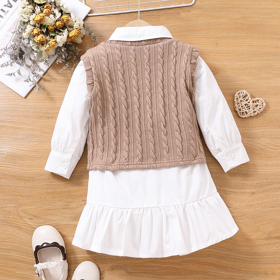 2pcs Toddler Girl Elegant Lapel Collar White Shirt Dress and Cable Knit Vest Set Multi-color big image 6