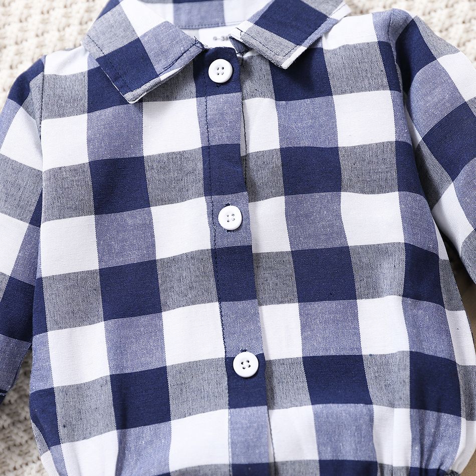 2pcs Baby Boy 100% Cotton Pants and Long-sleeve Button Up Plaid Shirt Romper Set Blue big image 4