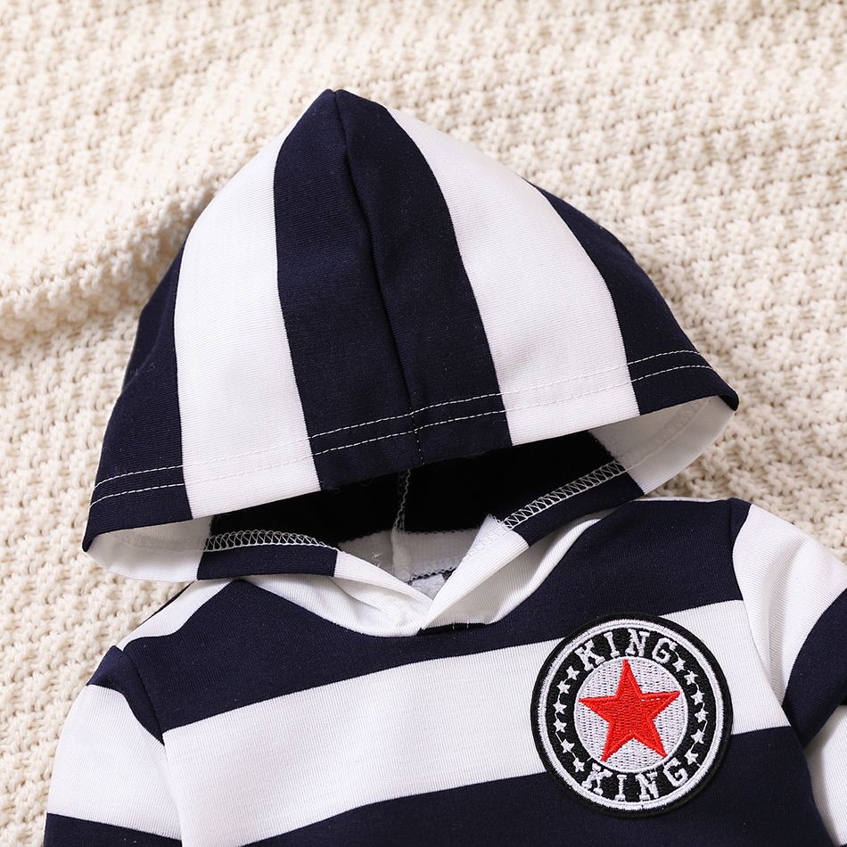 2pcs Baby Boy 100% Cotton Star & Letter Patched Embroidery Sweatpants and Long-sleeve Striped Hoodie Set Dark Blue big image 3