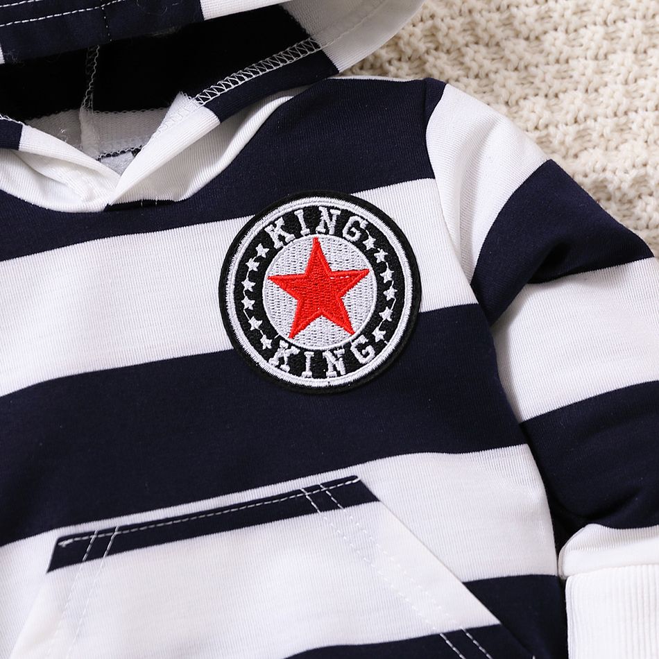 2pcs Baby Boy 100% Cotton Star & Letter Patched Embroidery Sweatpants and Long-sleeve Striped Hoodie Set Dark Blue big image 4