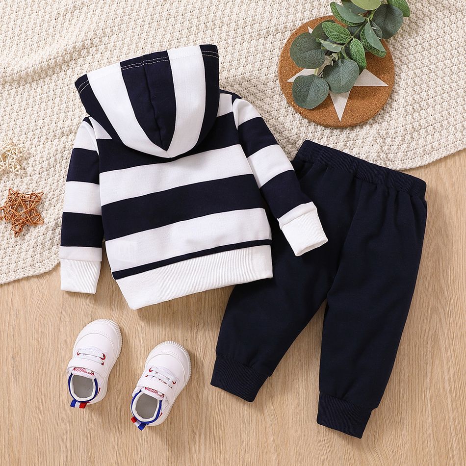 2pcs Baby Boy 100% Cotton Star & Letter Patched Embroidery Sweatpants and Long-sleeve Striped Hoodie Set Dark Blue big image 2