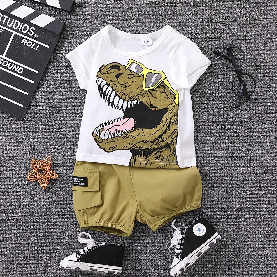 2 pezzi di occhiali da neonato con stampa di dinosauri, t-shirt a maniche corte e pantaloncini cargo Bianco