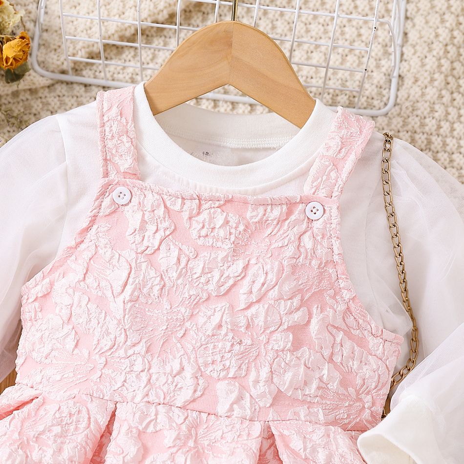 2pcs Toddler Girl Sweet Mesh Design Tee and Textured Overall Dress Set Pink big image 2