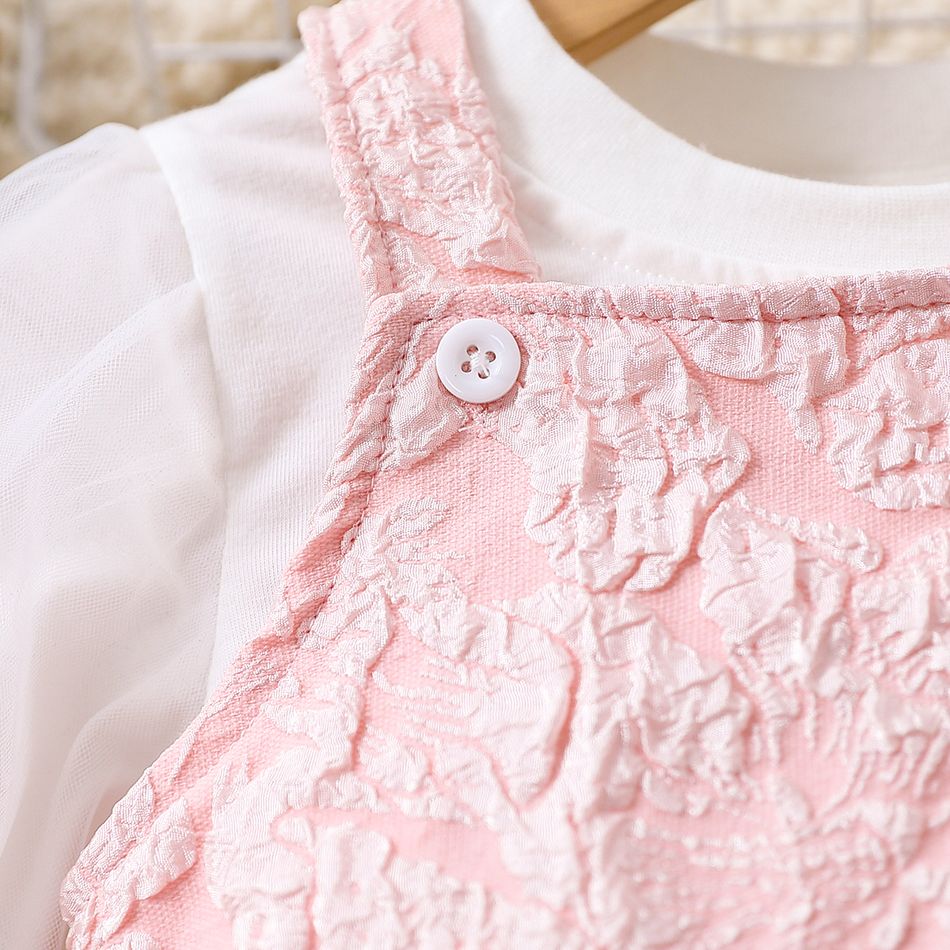 2pcs Toddler Girl Sweet Mesh Design Tee and Textured Overall Dress Set Pink big image 5