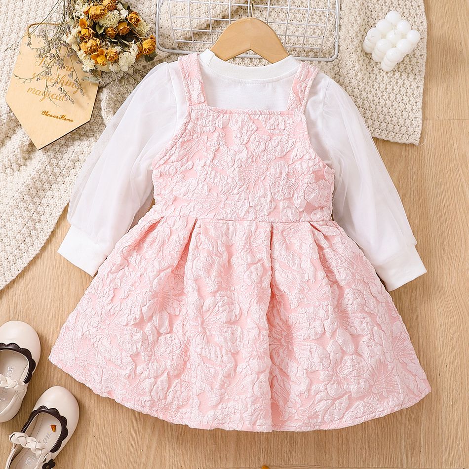 2pcs Toddler Girl Sweet Mesh Design Tee and Textured Overall Dress Set Pink big image 6
