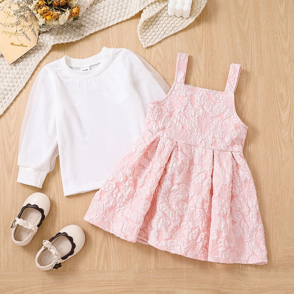 2pcs Toddler Girl Sweet Mesh Design Tee and Textured Overall Dress Set Pink big image 8