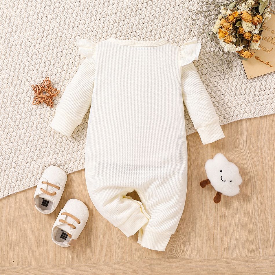 Baby Girl Embroidered Detail Ruffle Trim Long-sleeve Waffle Jumpsuit White big image 3