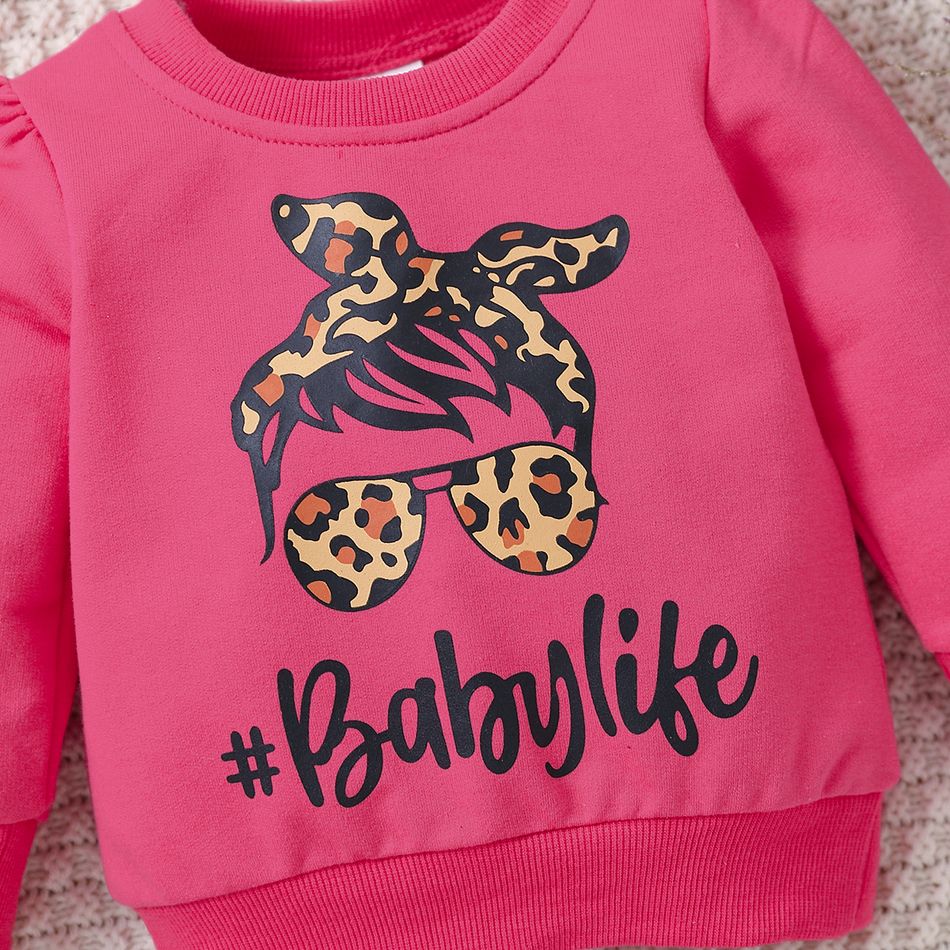 100% Cotton Baby Girl Leopard Figure & Letter Print Puff-sleeve Sweatshirt Hot Pink big image 4