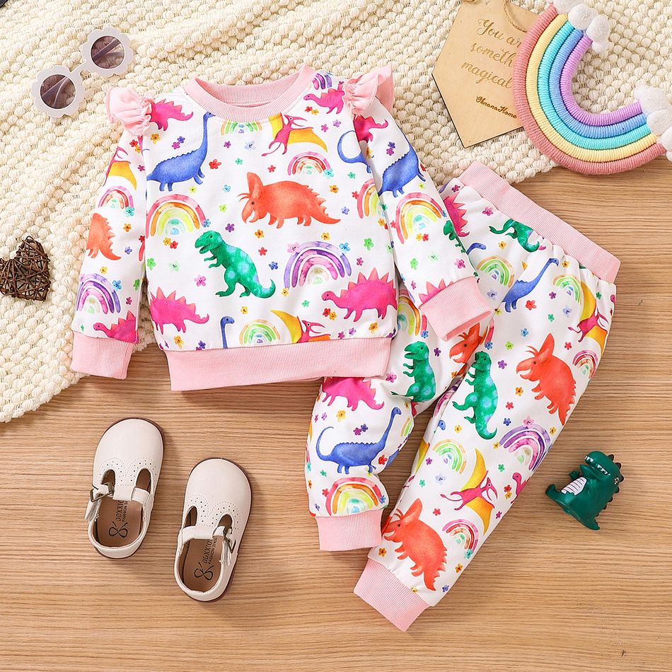 2pcs Baby Girl Allover Colorful Dinosaur Print Ruffle Long-sleeve Sweatshirt and Sweatpants Set Pink big image 1