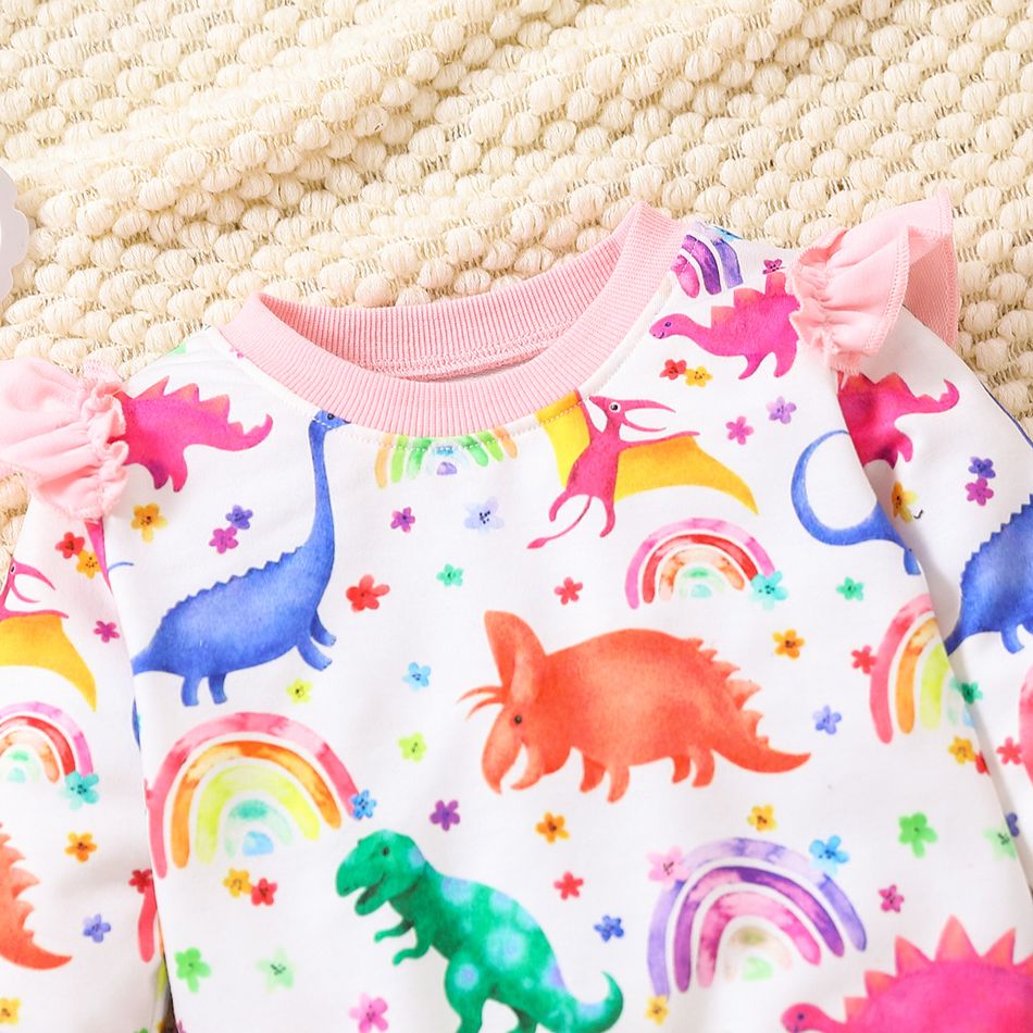2pcs Baby Girl Allover Colorful Dinosaur Print Ruffle Long-sleeve Sweatshirt and Sweatpants Set Pink big image 3