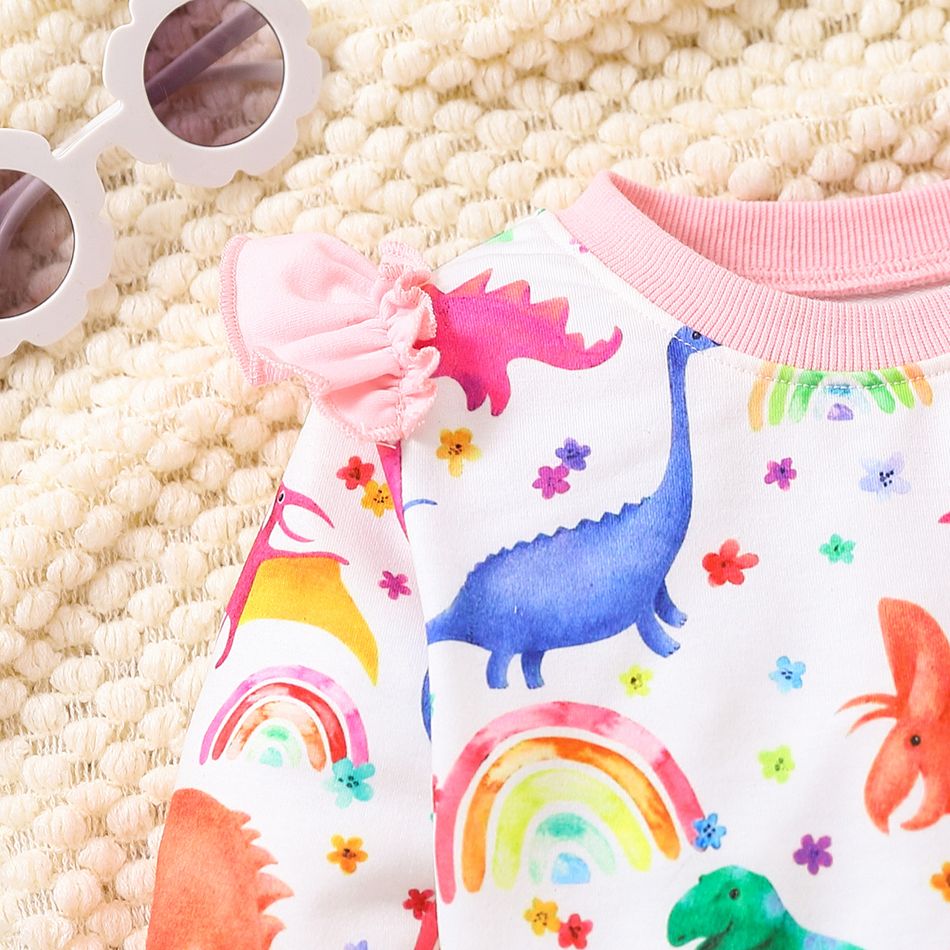2pcs Baby Girl Allover Colorful Dinosaur Print Ruffle Long-sleeve Sweatshirt and Sweatpants Set Pink big image 4