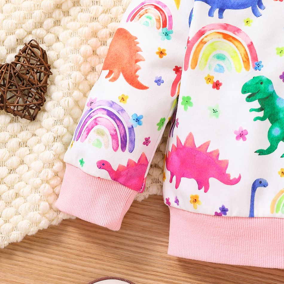 2pcs Baby Girl Allover Colorful Dinosaur Print Ruffle Long-sleeve Sweatshirt and Sweatpants Set Pink big image 5