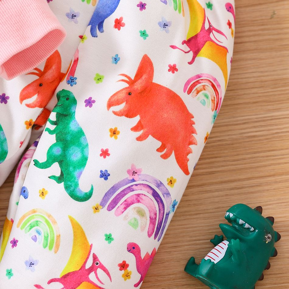 2pcs Baby Girl Allover Colorful Dinosaur Print Ruffle Long-sleeve Sweatshirt and Sweatpants Set Pink big image 6