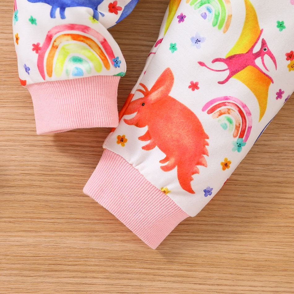2pcs Baby Girl Allover Colorful Dinosaur Print Ruffle Long-sleeve Sweatshirt and Sweatpants Set Pink big image 7