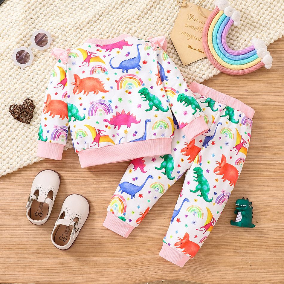 2pcs Baby Girl Allover Colorful Dinosaur Print Ruffle Long-sleeve Sweatshirt and Sweatpants Set Pink big image 2