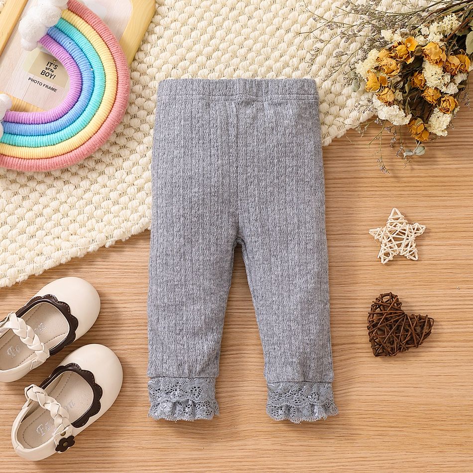 Baby Girl Solid Lace Spliced Rib Knit High Waist Leggings Grey big image 1