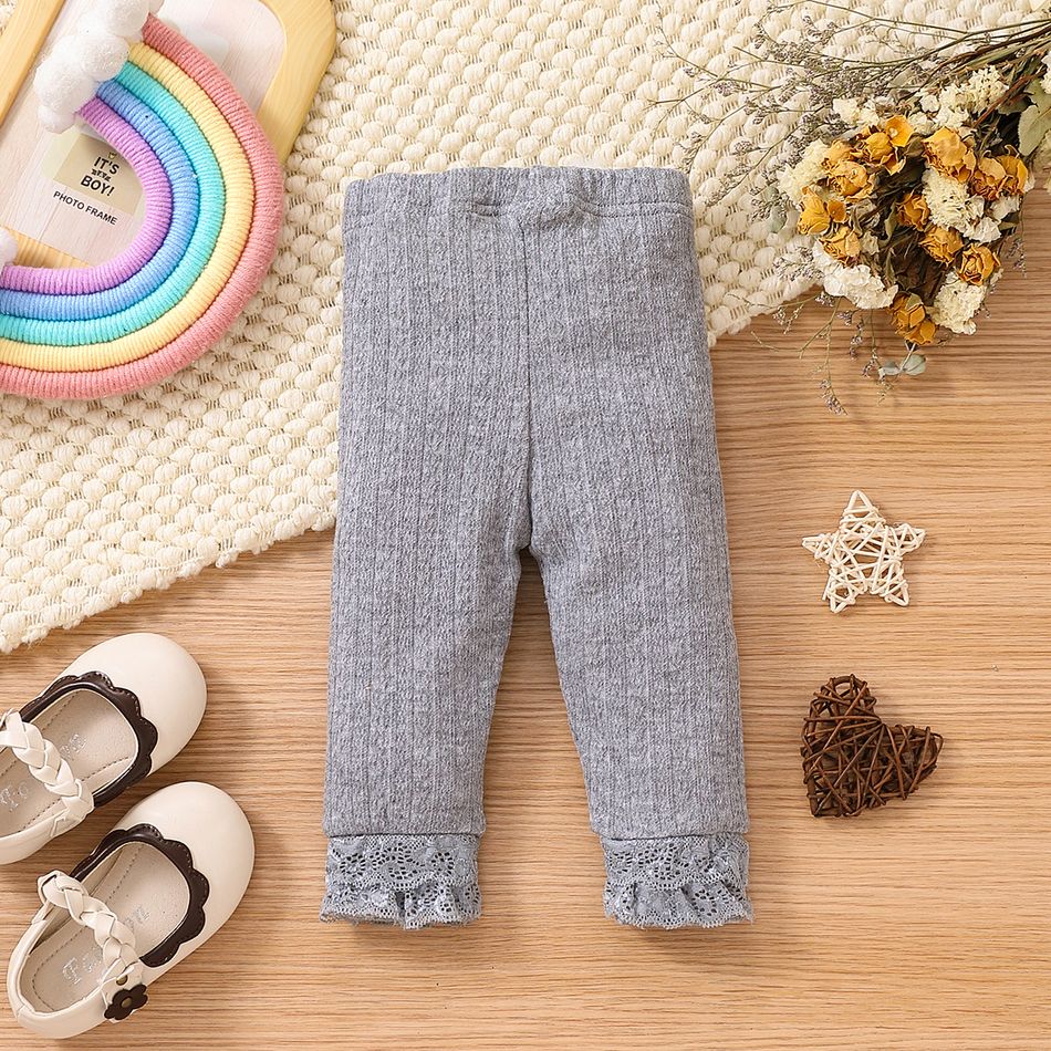 Baby Girl Solid Lace Spliced Rib Knit High Waist Leggings Grey big image 3