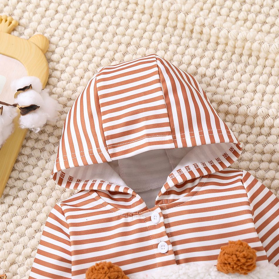 Baby Boy/Girl Long-sleeve Striped Spliced Fleece Animal Embroidered Hoodie Brown big image 3