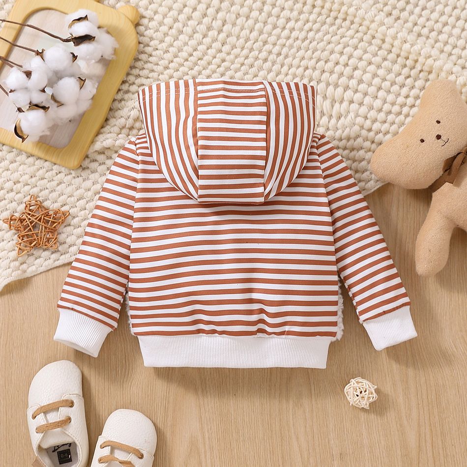 Baby Boy/Girl Long-sleeve Striped Spliced Fleece Animal Embroidered Hoodie Brown big image 2