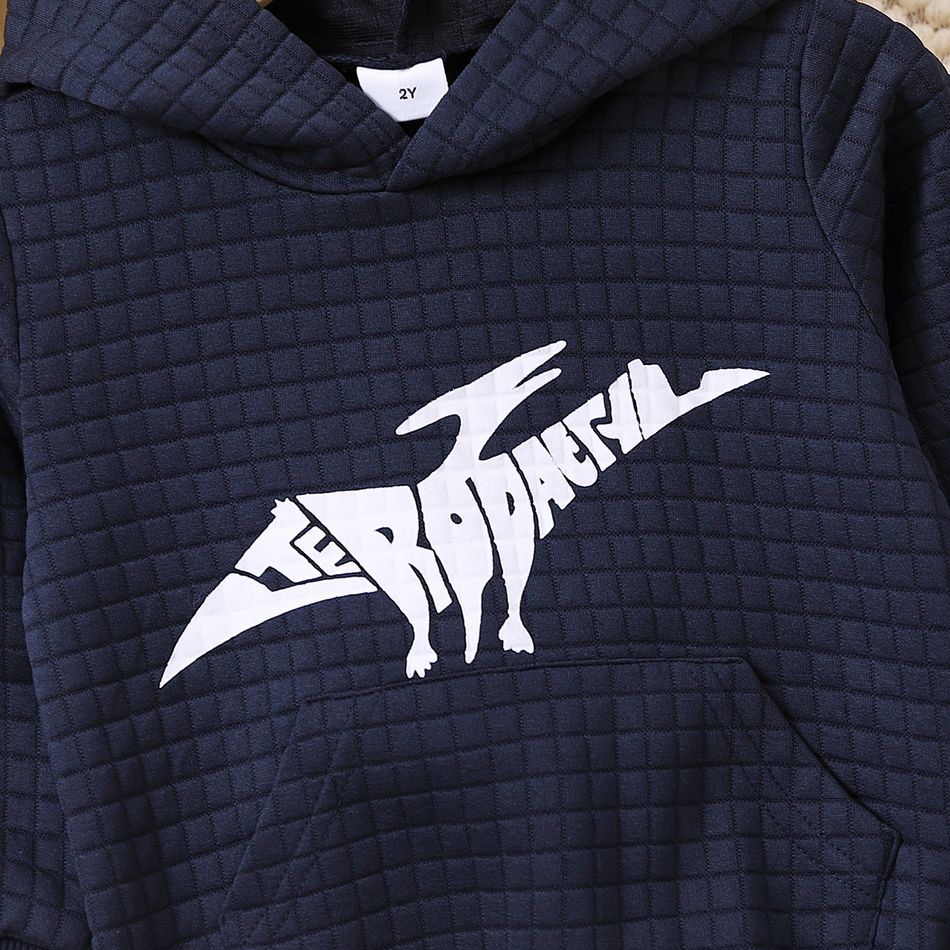 2pcs Toddler Boy Plauful Dinosaur Print Textured Hoodie Sweatshirt and Pants Set Deep Blue big image 3