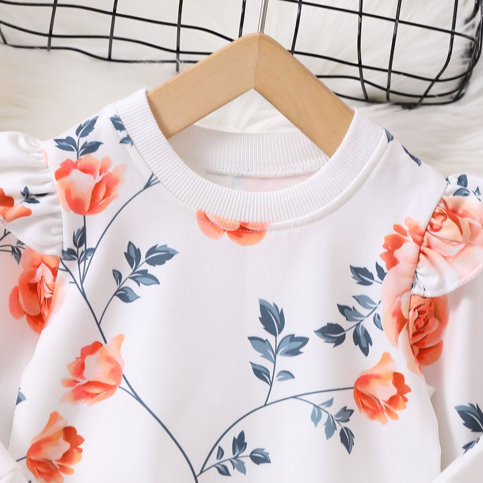 Baby Girl Allover Floral Print Ruffle Long-sleeve Sweatshirt White big image 4