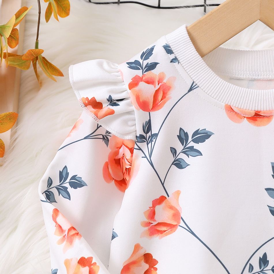 Baby Girl Allover Floral Print Ruffle Long-sleeve Sweatshirt White big image 5