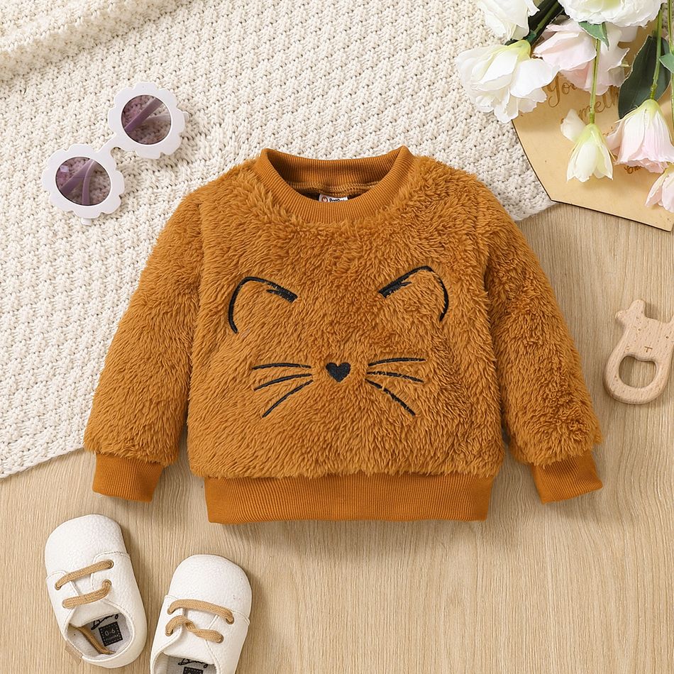 Baby Boy/Girl Animal Embroidered Long-sleeve Thermal Fuzzy Sweatshirt Brown big image 2