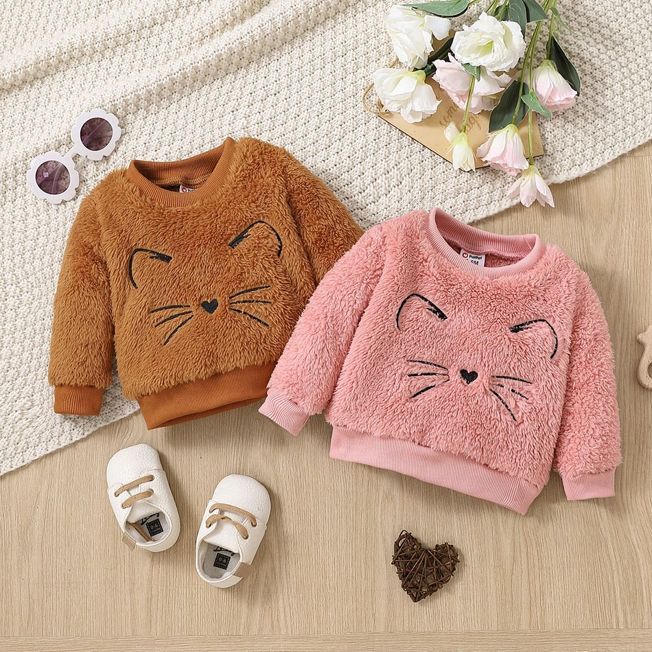 Baby Boy/Girl Animal Embroidered Long-sleeve Thermal Fuzzy Sweatshirt Brown big image 1