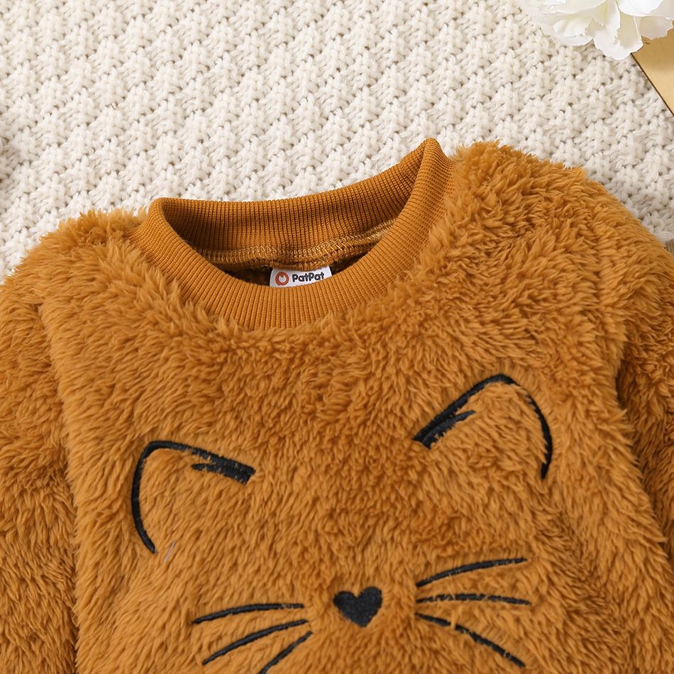Baby Boy/Girl Animal Embroidered Long-sleeve Thermal Fuzzy Sweatshirt Brown big image 3
