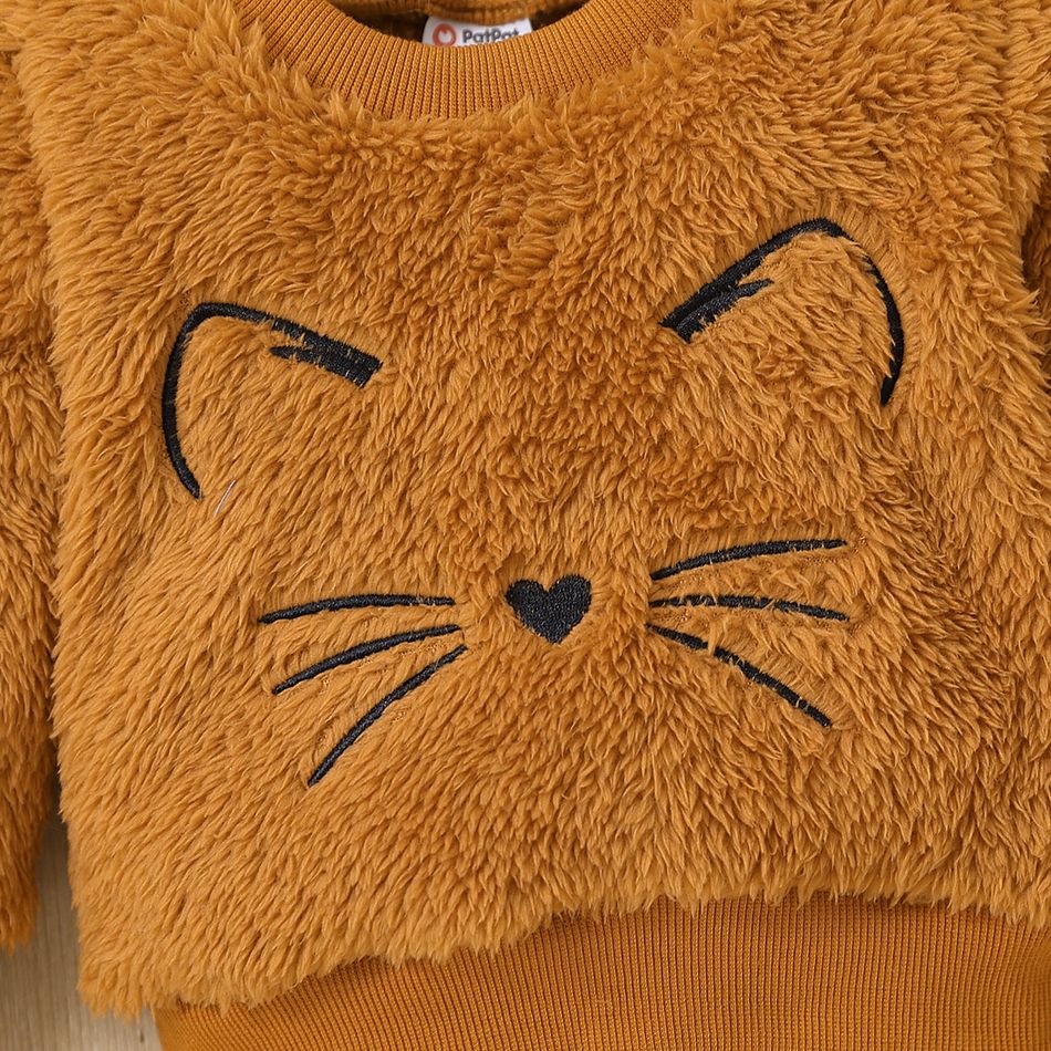 Baby Boy/Girl Animal Embroidered Long-sleeve Thermal Fuzzy Sweatshirt Brown big image 4