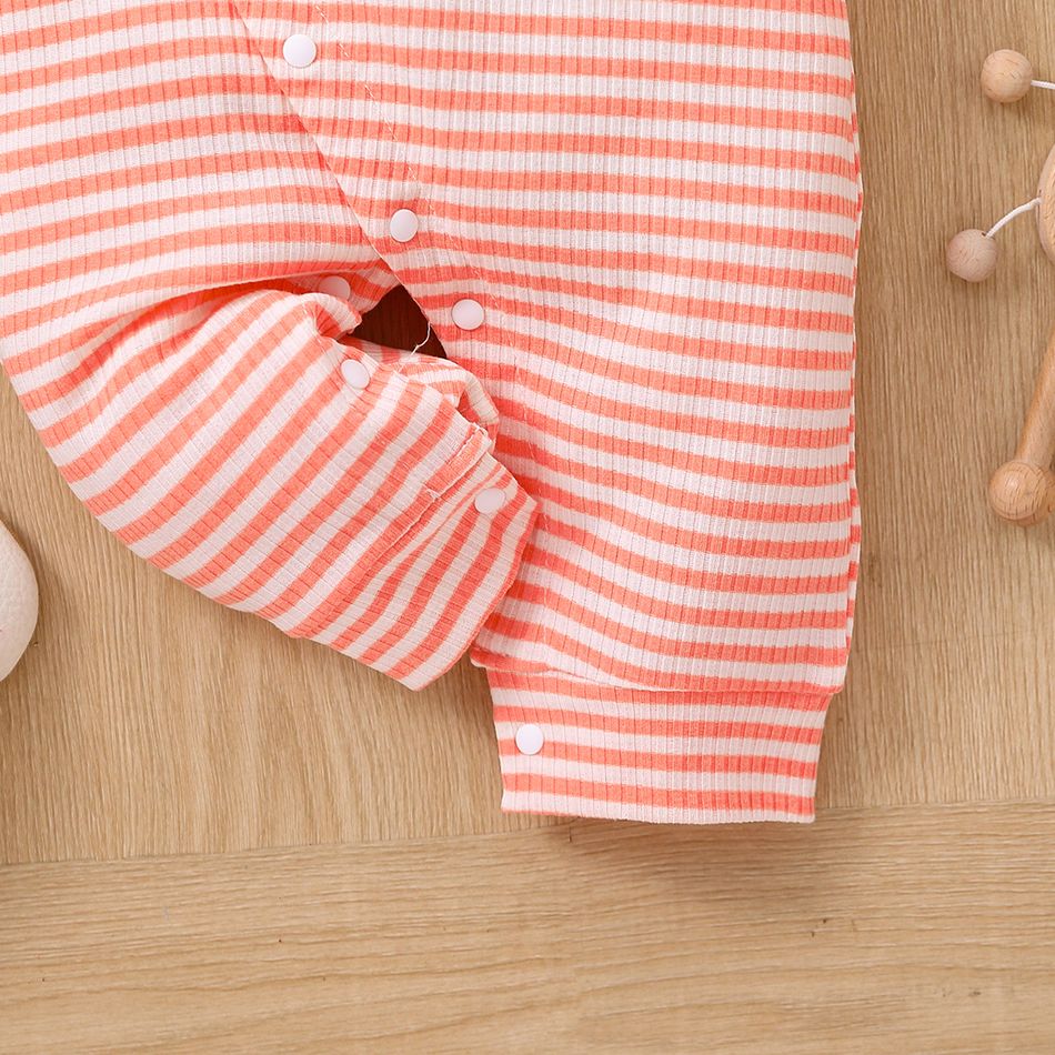2pcs Baby Girl Pinstriped Ribbed Ruffle Long-sleeve Button Jumpsuit & Headband Set Coral big image 6