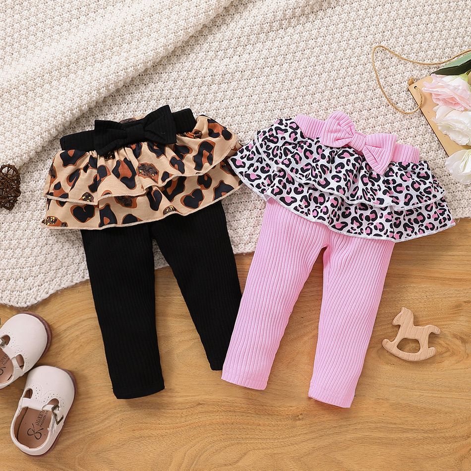 Baby Girl Layered Leopard Print Ruffle Trim Spliced Rib Knit Bow Front Leggings Pink big image 2