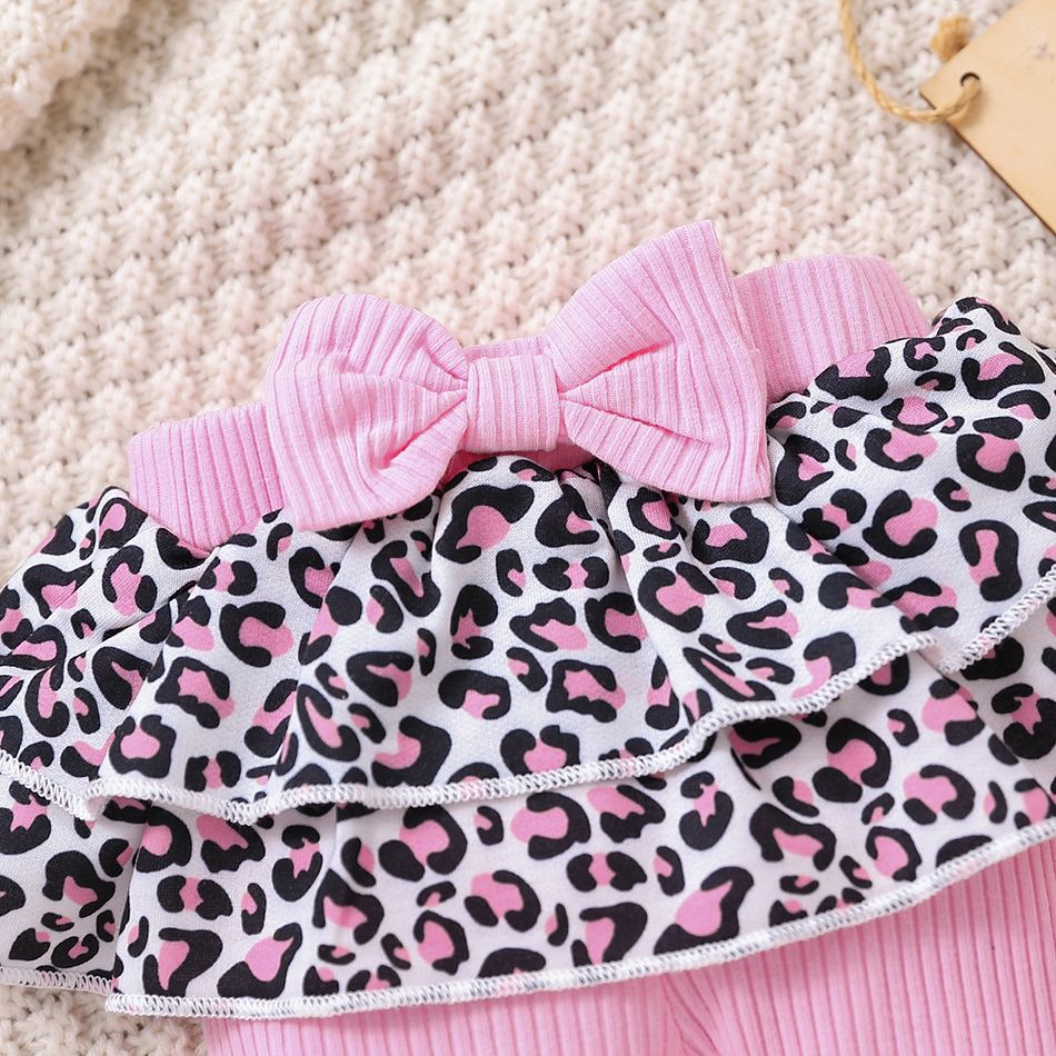 Baby Girl Layered Leopard Print Ruffle Trim Spliced Rib Knit Bow Front Leggings Pink big image 4