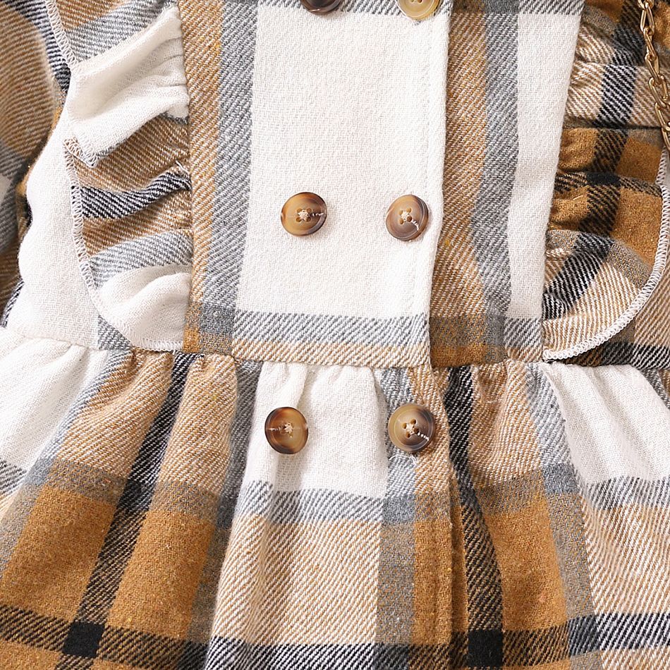 Toddler Girl Classic Ruffled Double Breasted Plaid Coat Brown big image 4