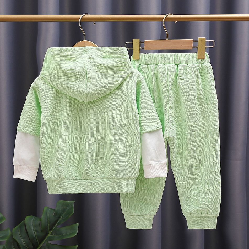 2pcs Toddler Girl Trendy Faux-two Letter Textured Hoodie Sweatshirt and Pants Set Pale Green big image 7